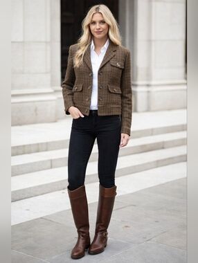 Lauren Ralph Lauren Olive Houndstooth Cropped Blazer 100% Wool